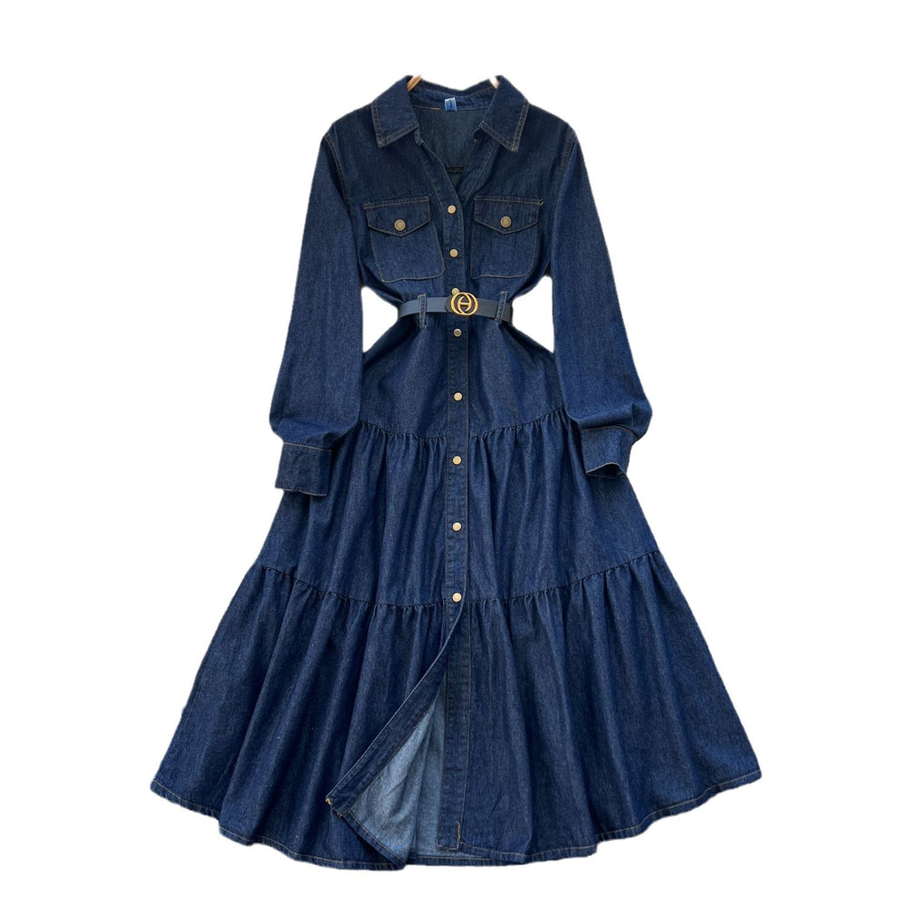 High-end elegant women's dress -  autumn new arrival: chic and graceful notch collar, single-breasted button closure, cinched waist denim midi dress