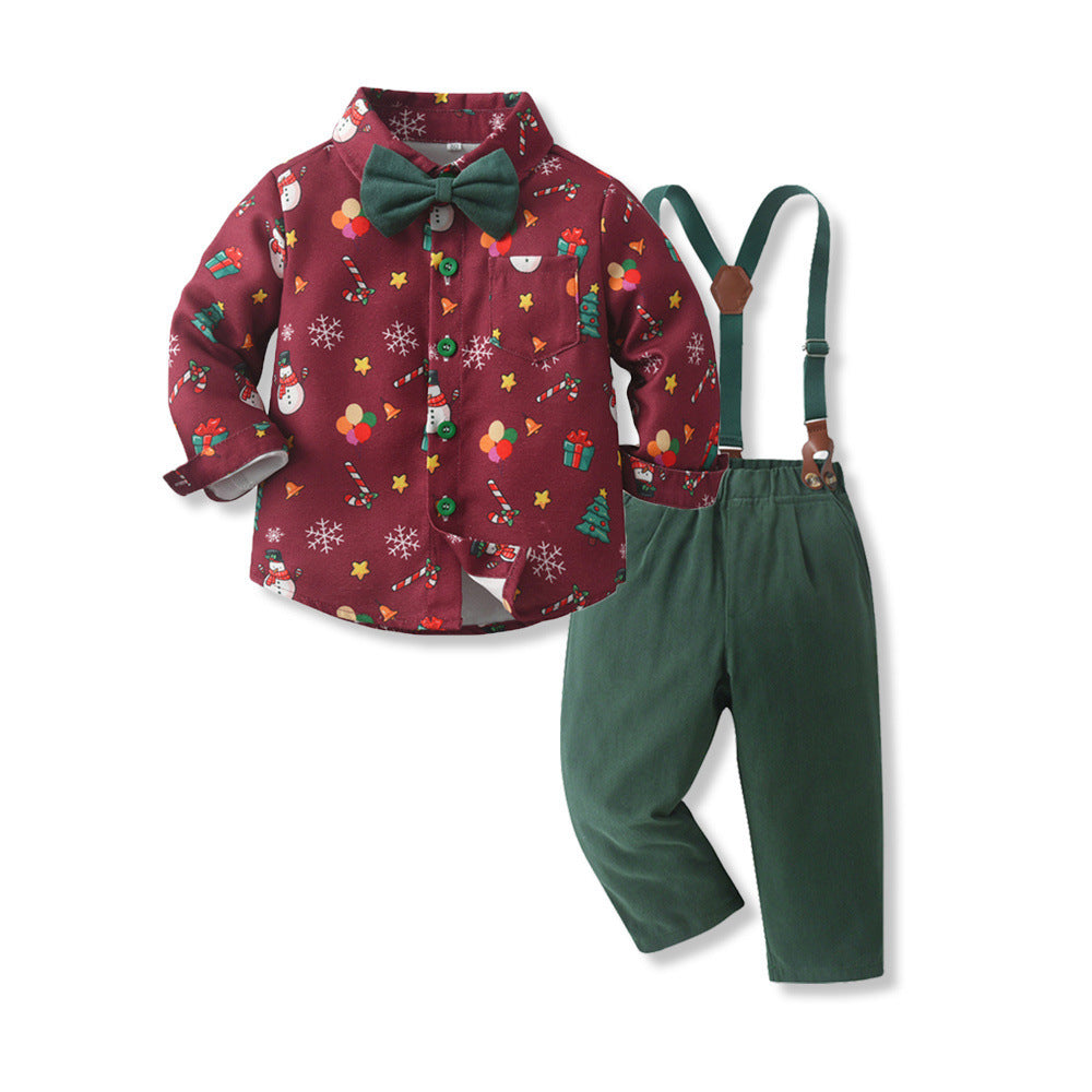 Boys' suit set - new export style, kids' christmas gentleman outfit, long-sleeve plaid shirt, autumn/winter green overalls