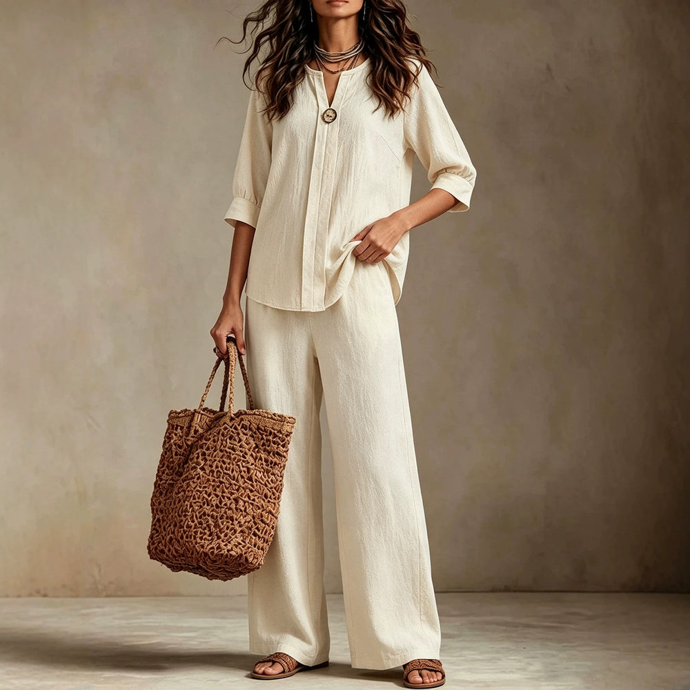 european and american plus size off-white v-neck mid-sleeve two-piece set: relaxed fit top and wide-leg pants
