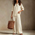 european and american plus size off-white v-neck mid-sleeve two-piece set: relaxed fit top and wide-leg pants