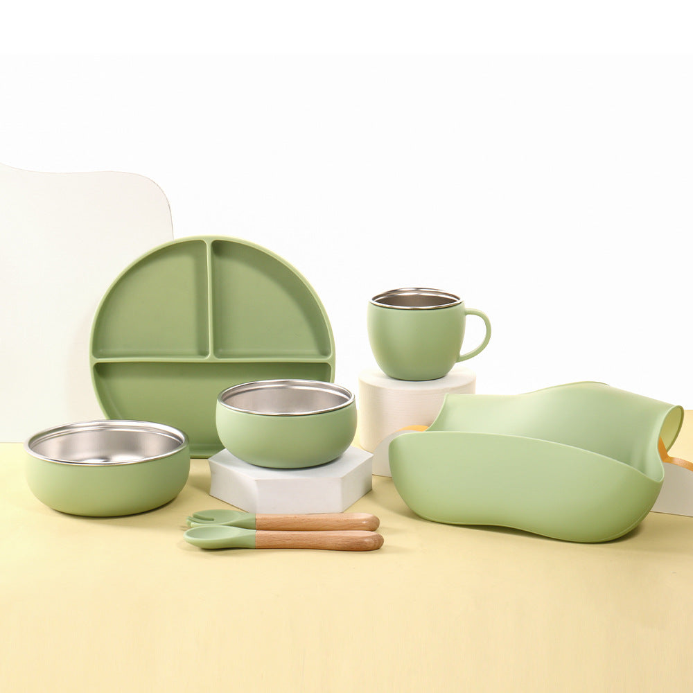Children's stainless steel 304 silicone tableware set Baby feeding bib Wooden handle Fork spoon Plate bowl Cup 7-piece set