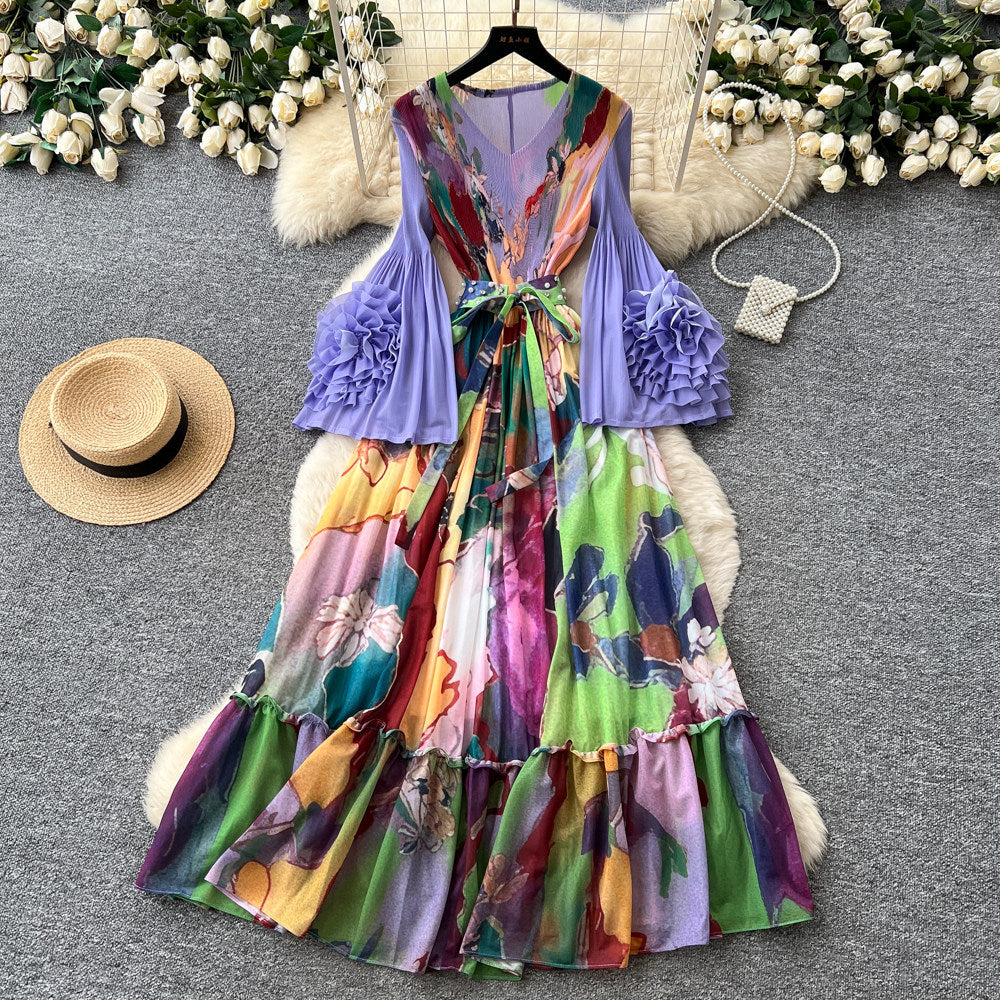 Vacation-style purple floral print dress for women, spring long-sleeved high-waisted a-line dress with a cinched waist and ruffle hem maxi skirt