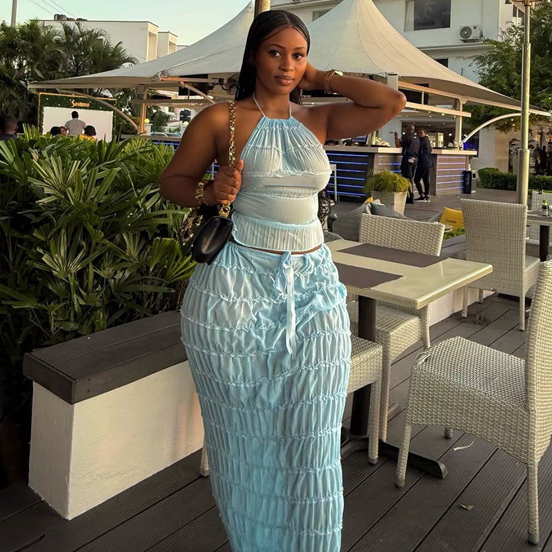 European and american cross-border women's fashion  summer new sexy blue halter top and tie-waist midi skirt set