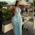 European and american cross-border women's fashion  summer new sexy blue halter top and tie-waist midi skirt set