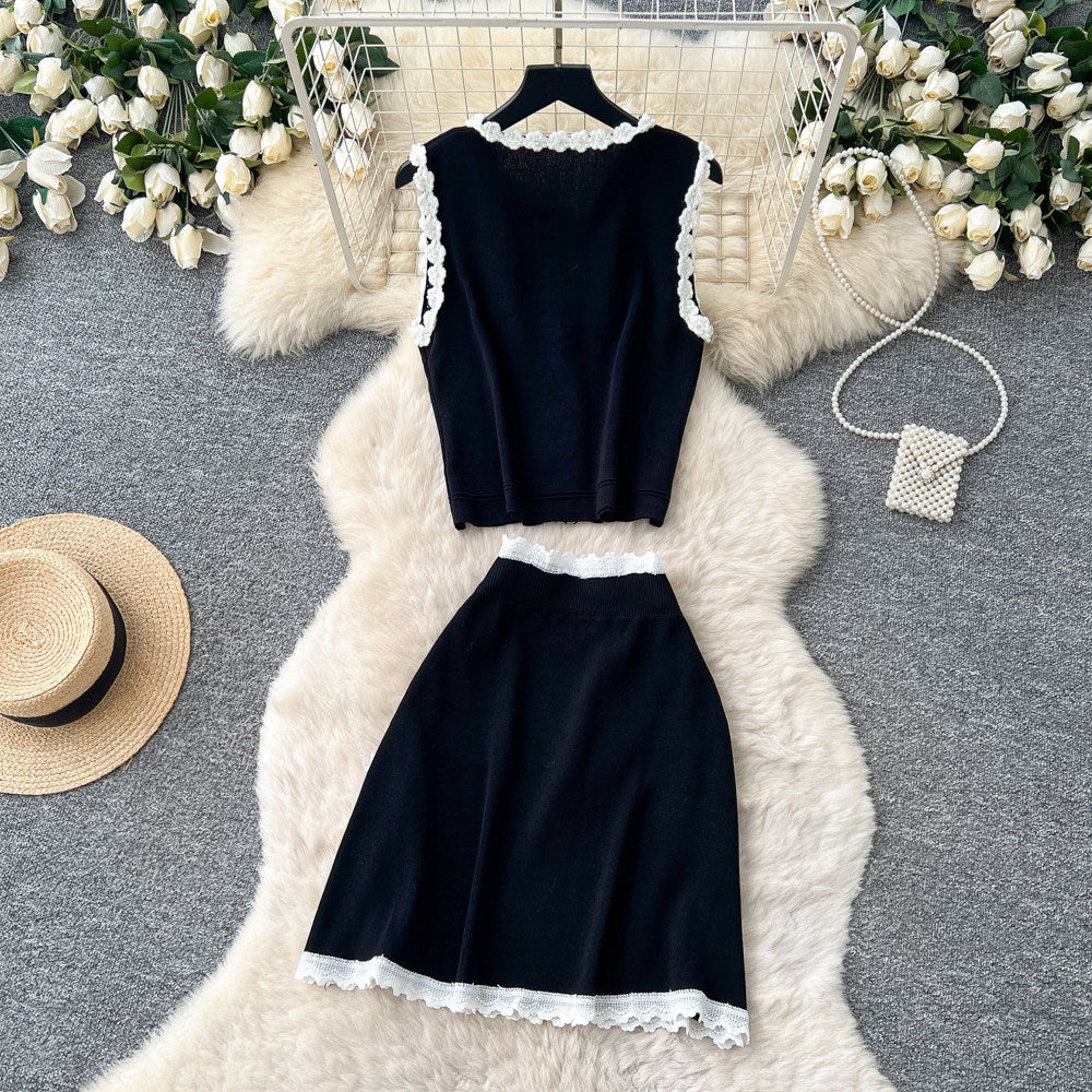 French chic lace trim sleeveless tank top & high-waisted midi skirt set -  summer collection - elegant knit two-piece