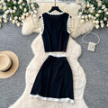 French chic lace trim sleeveless tank top & high-waisted midi skirt set -  summer collection - elegant knit two-piece