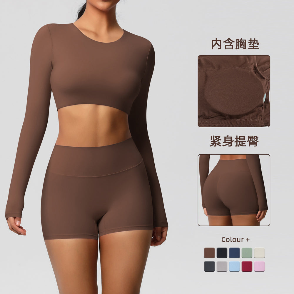 pure color double-sided brushed with chest pad tight-fitting yoga clothes long sleevessuit running sports fitness clothes two-piece set