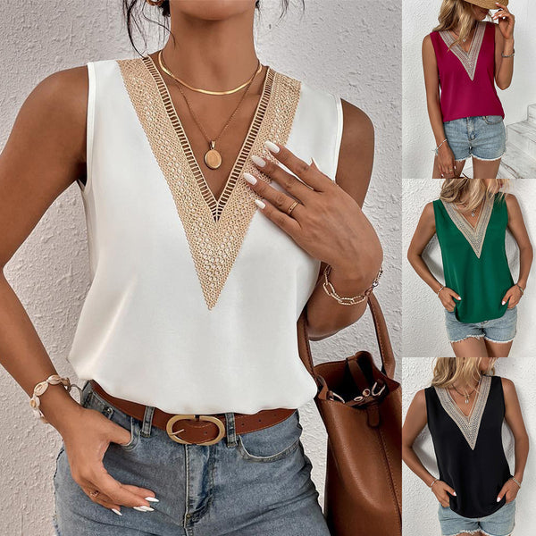 2025 European and American  summer new solid color casual shirt loose V-neck lace sleeveless vest wholesale