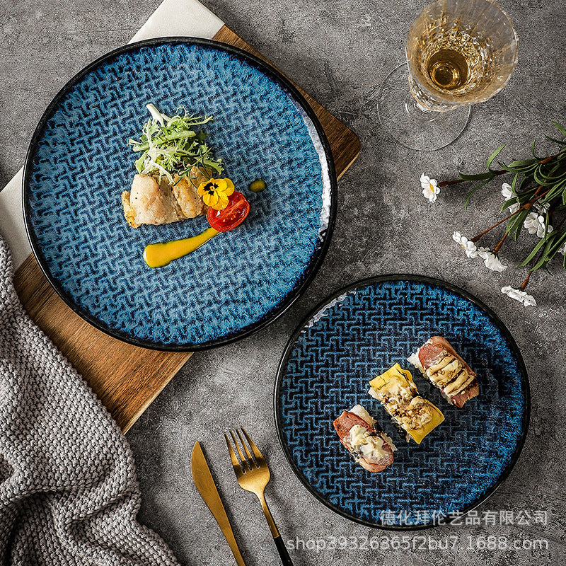 Kiln-turned-blue, high-value western-style dessert stylish plate, retro texture ceramic steak plate, round plate, restaurant and hotel