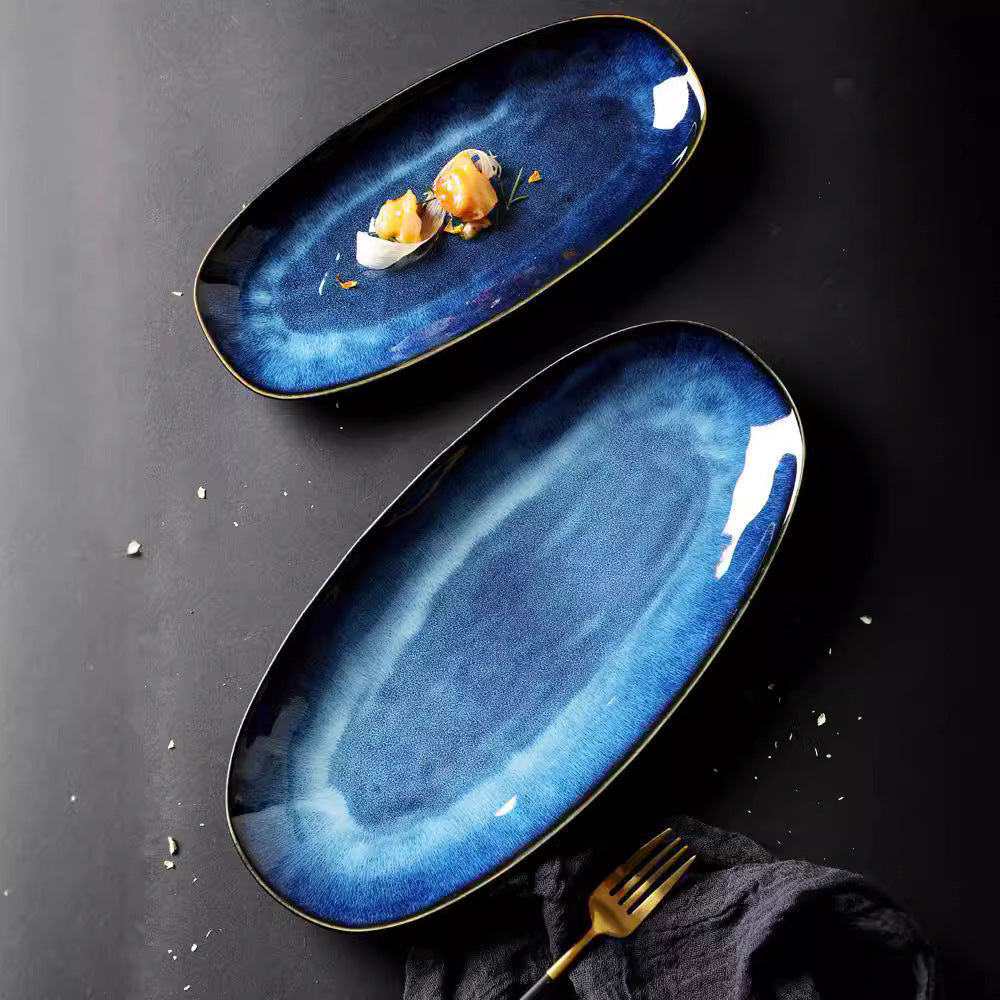 Large kiln-turned ceramic fish tray, oval sushi plate, western food plate, day-shaped plate, hotel restaurant commercial dish plate, accessible luxury
