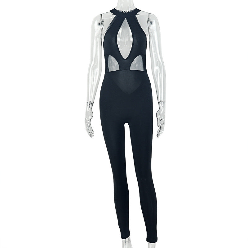 Fashion style cross-border pure colorfashion women's sexycut out jumpsuit tight mid-waist high collar long skinny jeans jumpsuit