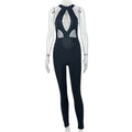 Fashion style cross-border pure colorfashion women's sexycut out jumpsuit tight mid-waist high collar long skinny jeans jumpsuit