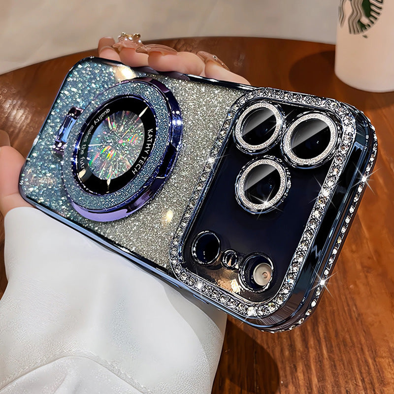 Magnetic stand suitable for iphone17 gradient glitter mobile phone case 16pro electroplated rhinestone 13 protective cover with diamonds