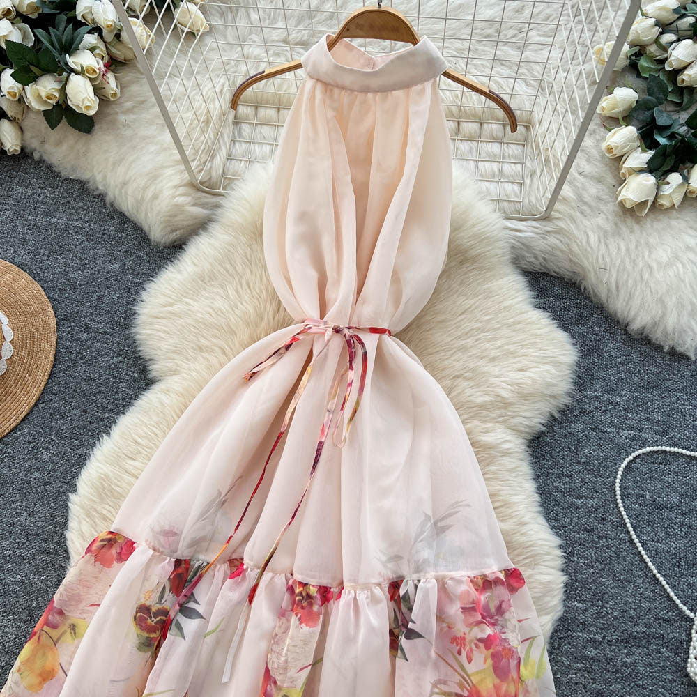 French riviera style sleeveless halter floral dress - women's spring/summer high-waisted a-line maxi dress - ethereal & chic