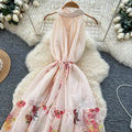 French riviera style sleeveless halter floral dress - women's spring/summer high-waisted a-line maxi dress - ethereal & chic