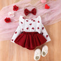 fashion baby girl sweet style red heart print flutter sleeve top with bowknot tutu skirt and hair tie set