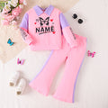 girls' autumn outfit: purple-pink turn-down collar sweatshirt with butterfly and letter print, flared pants, kids' two-piece set