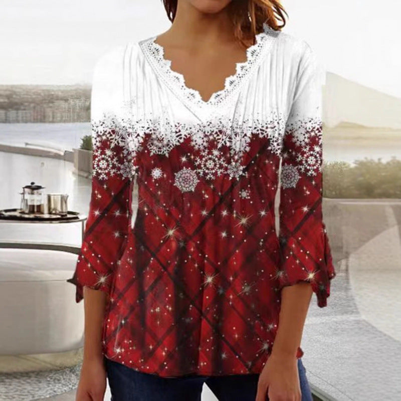 fall/winter new european and american style cross-border snowflake print plaid v-neck long sleeve top for women
