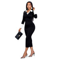 European and american style sexy v-neck shirt collar patchwork bodycon midi dress - slimming, elegant, and figure-flattering for women
