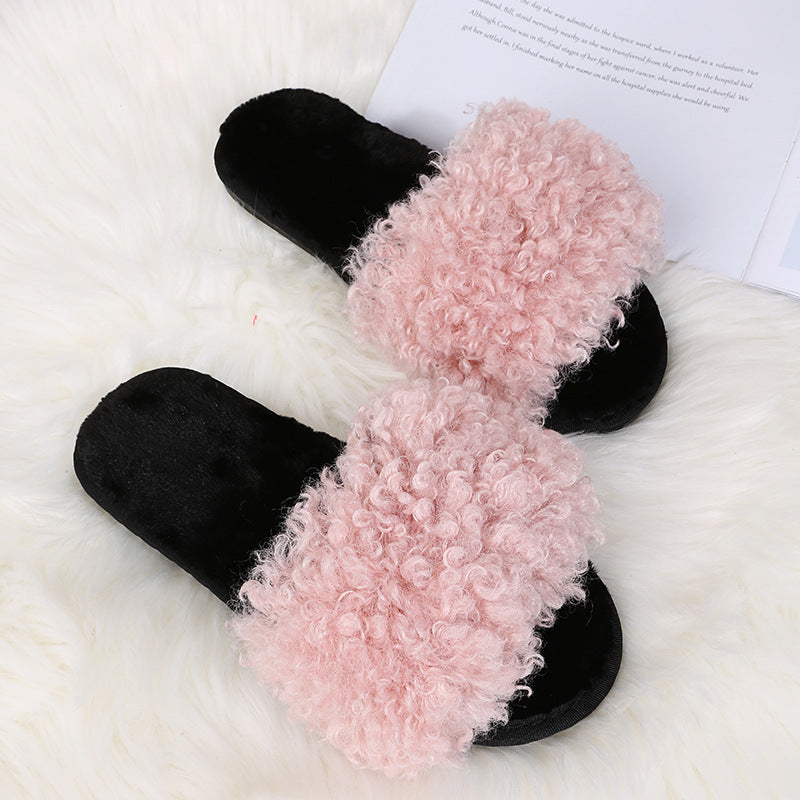 Thick sole lamb wool slippers women's 2024 fall and winter new arrivalfashioncasualflats fur slippers women's outwear