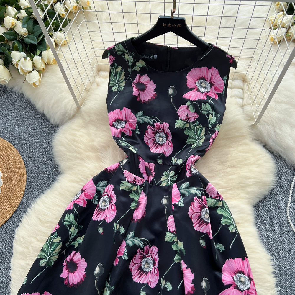 European and american high-end fashion women's vintage style position print slimming waist elegant round neck sleeveless dress