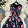 European and american high-end fashion women's vintage style position print slimming waist elegant round neck sleeveless dress