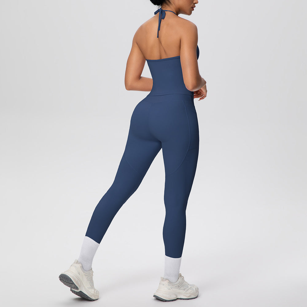 pure color brushed beautiful back tight strap halterflap pocket pants yoga suit sports running fitness two-piece set