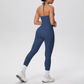 pure color brushed beautiful back tight strap halterflap pocket pants yoga suit sports running fitness two-piece set