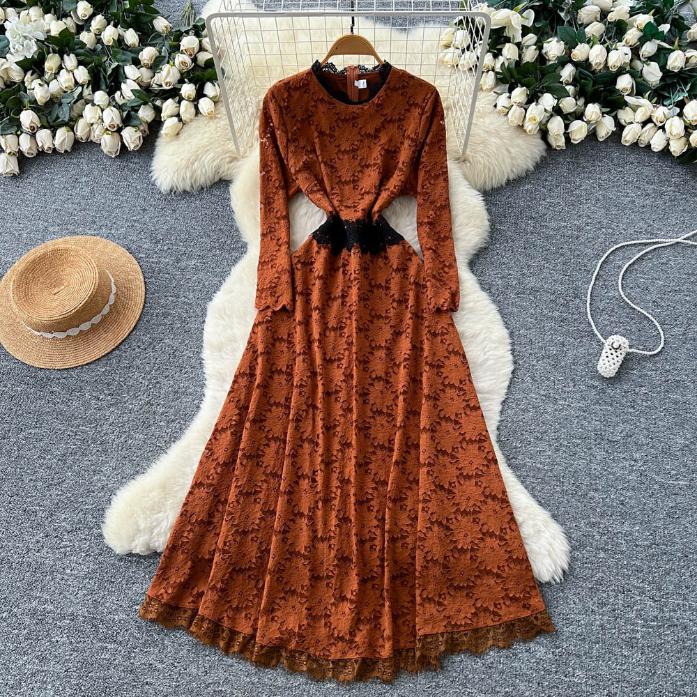 French chic, understated elegance: women's autumn  dress - high-end, slim-fit, figure-flattering, lace maxi dress