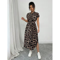 Shipped: new leopard print front button shirt dress with belt and bow detail - cross-border e-commerce style