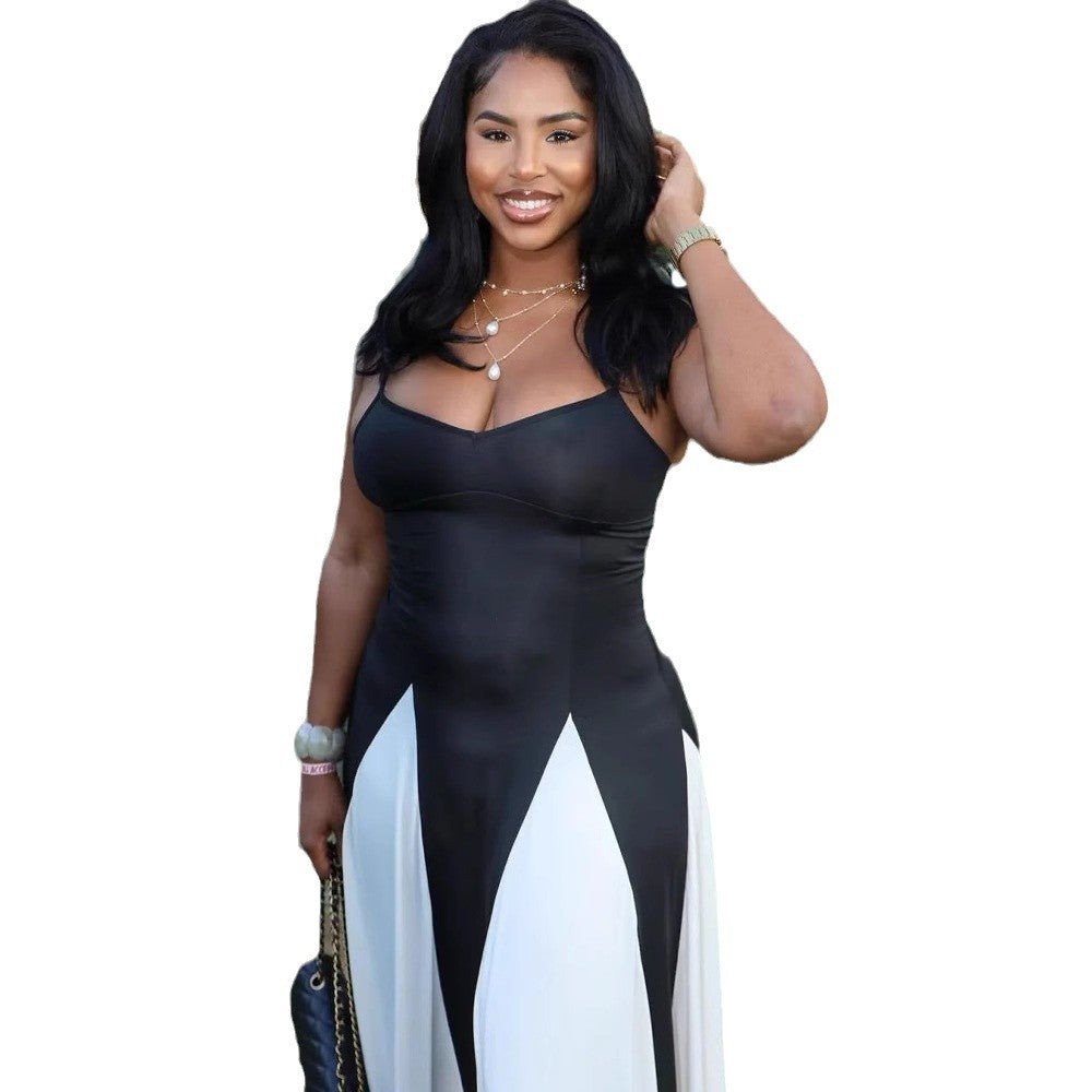 European and american cross-border women's fashion:  autumn/winter new sleeveless camisole dress - color block, loose fit, long length, elegant style
