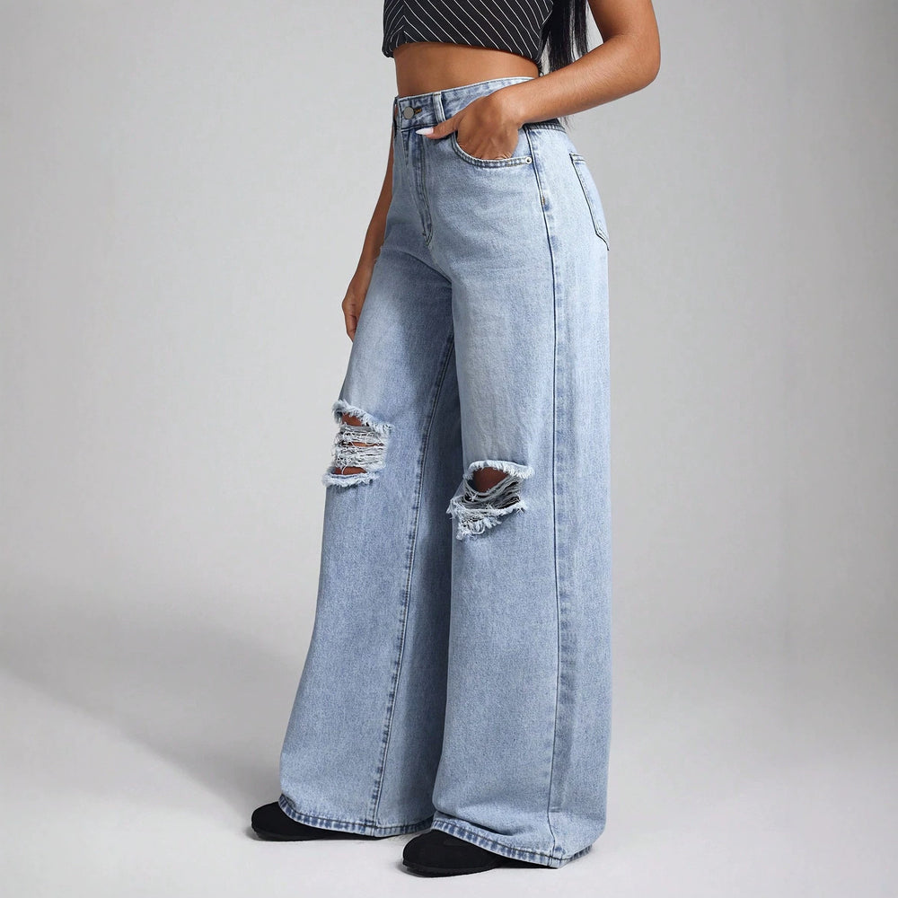 European and american style women's high-waisted distressed wide-leg jeans - american trendy frayed hem, ripped and distressed, slimming women's jeans