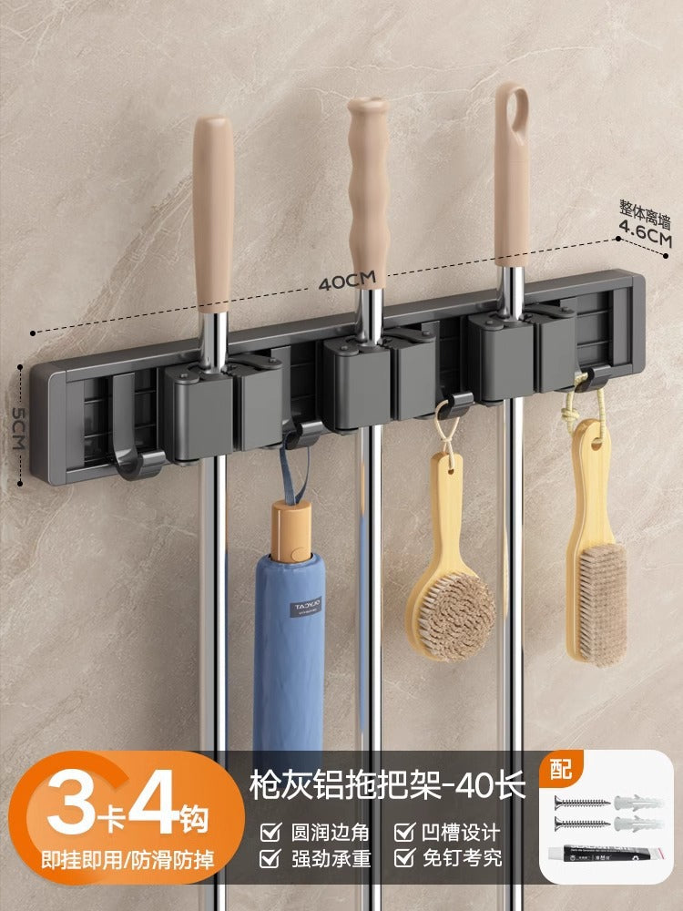 Blue vine mop wall mount clip - no drilling required - bathroom broom holder, mop rack organizer with large hook