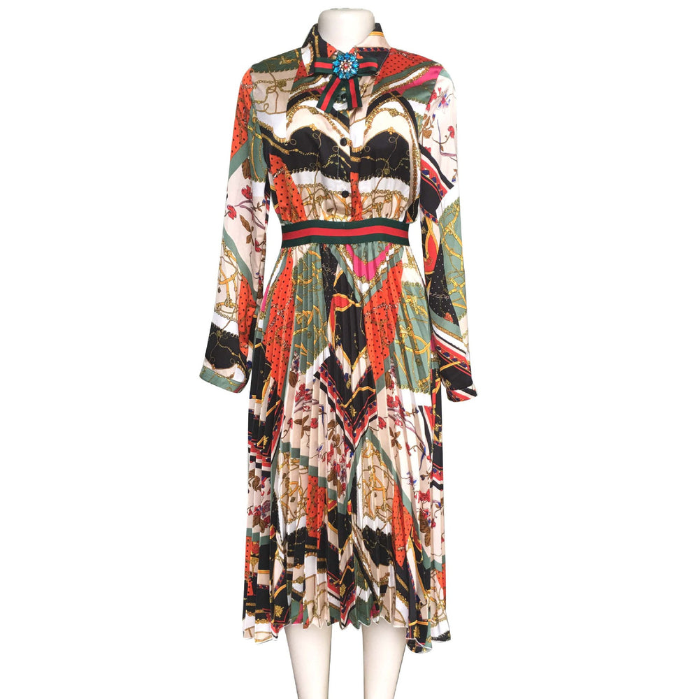 Satin printing pleated elegant socialite style african fashion shirt collar waist shirt collar long skirt