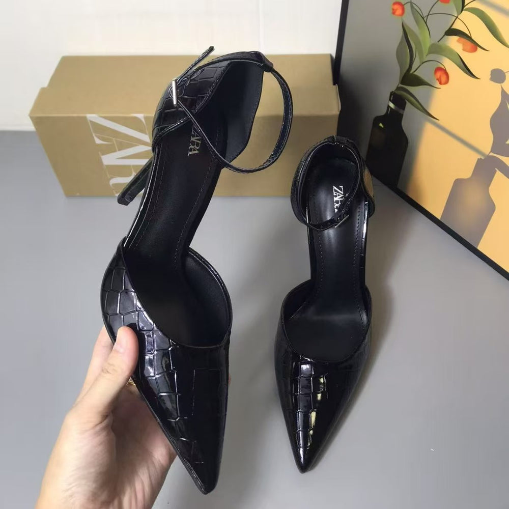 Za 2025 patent leather pointed-toe black high heels - women's stiletto heel cutout thong sandals - versatile professional style