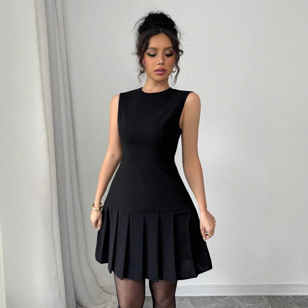 cross-border european and american style women's casual sleeveless elegant solid color ruffle mini dress - direct supply for cross-border e-commerce