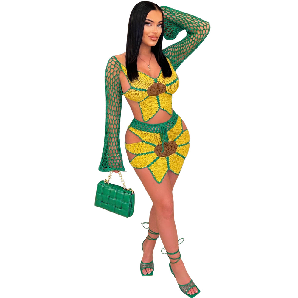 Hot-selling european and american women's beach outfit for independent stores: sexy hand-crocheted sunflower fashion set