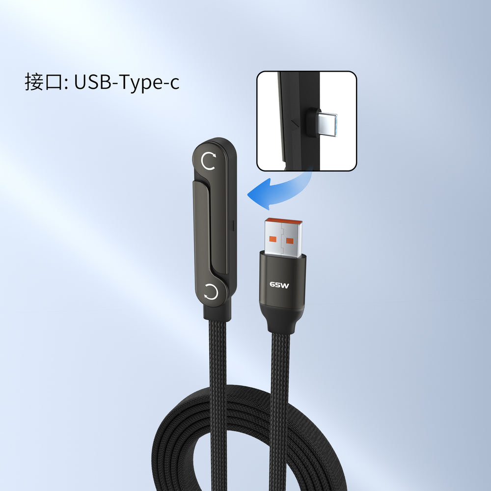 240w foldable charging cable with angled dual usb-c connectors, braided design, compatible with apple and huawei phones