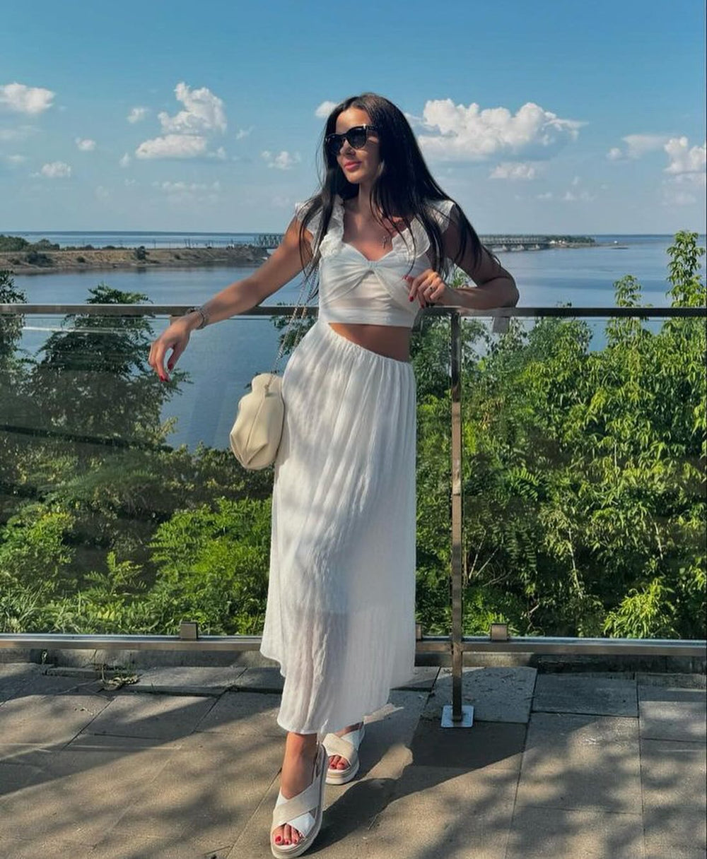 Frenchniche style chic super fairy whitedress women's seaside vacation style scheming cut out small flying sleeves large swing long skirt