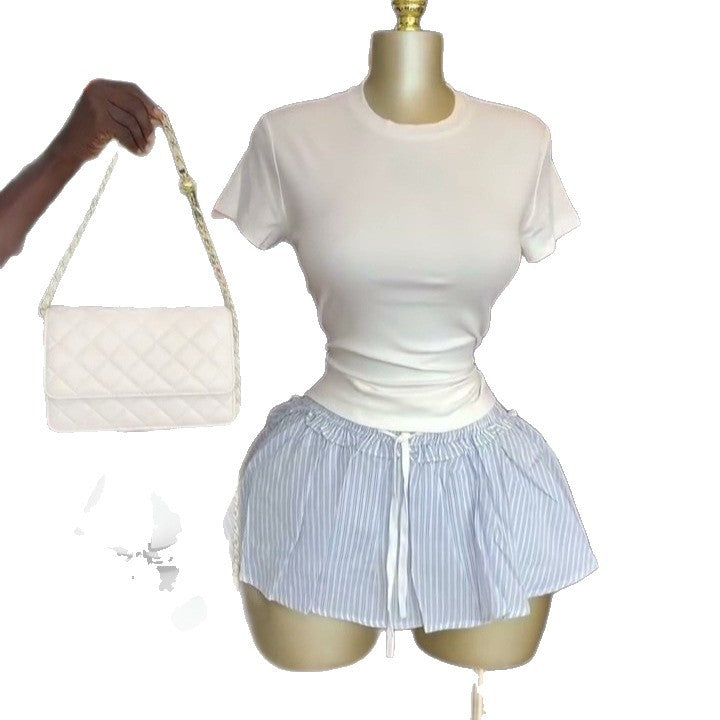 European and american cross-border women's fashion:  summer new arrivals - sweet & chic ruffle-trimmed striped a-line mini skirt with tie detail