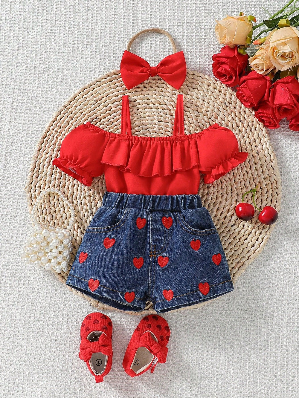 hot selling baby girl one shoulder ruffle suspender tops+love embroidered denim short suit with headscarf