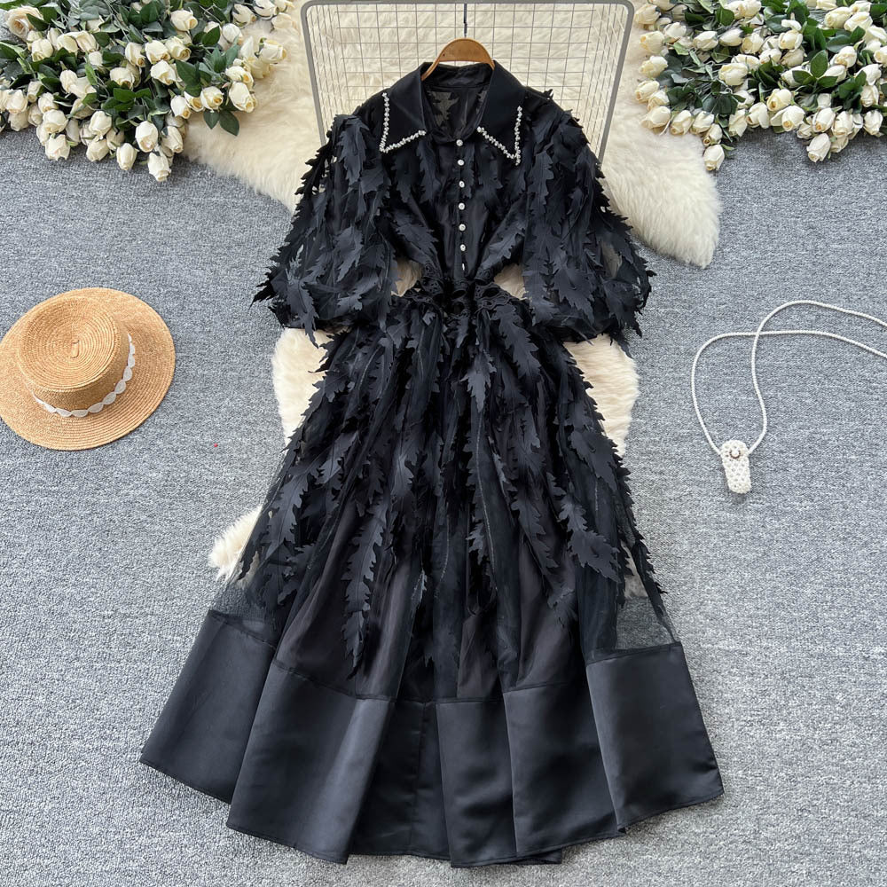 French retro court style dress - women's  autumn collection: beaded peter pan collar, lantern sleeves, 3d floral appliqué, mesh maxi dress