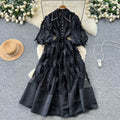 French retro court style dress - women's  autumn collection: beaded peter pan collar, lantern sleeves, 3d floral appliqué, mesh maxi dress