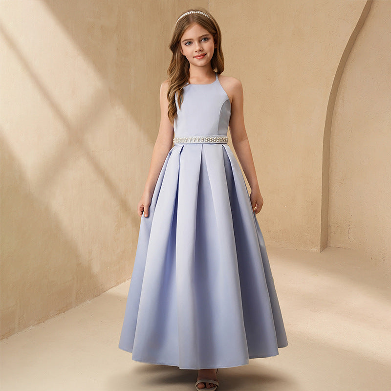 personalized girlelegance dresslonghot selling sleeveless skirtsatin waist girl clothing