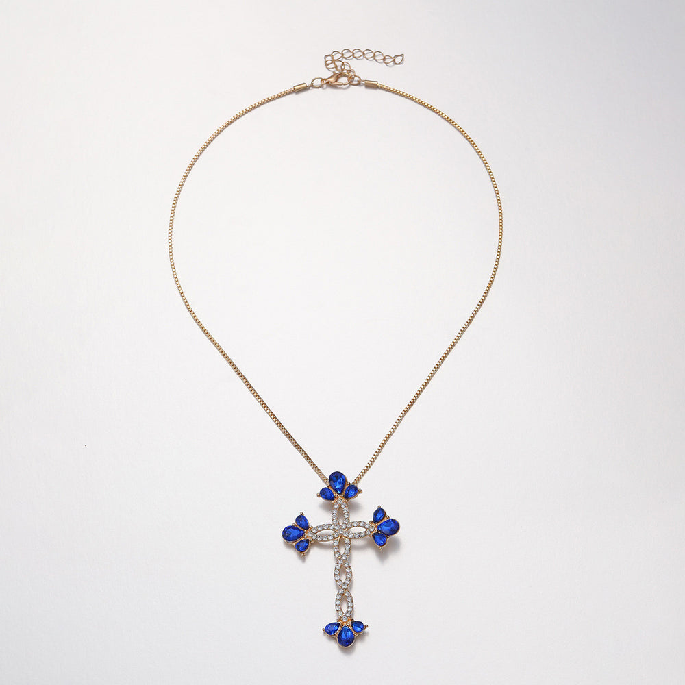 European and american cross pendant necklace with blue diamond accents - women's niche, light luxury, high-end, and trendy clavicle chain jewelry