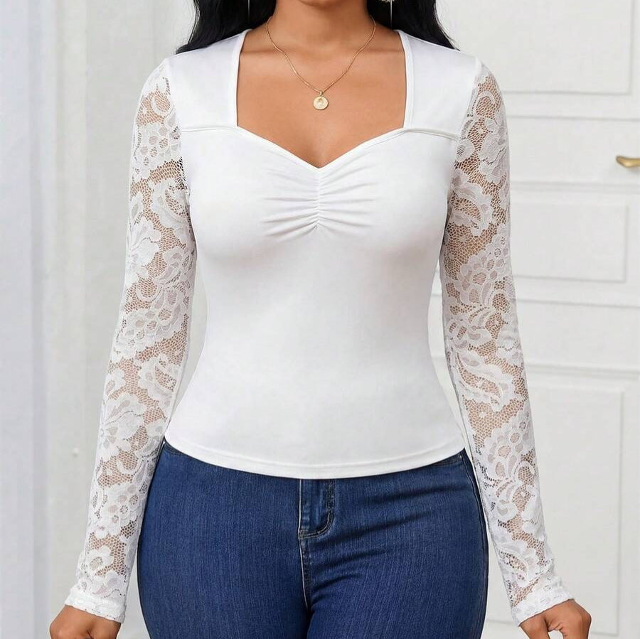 Women's casuallong sleeves t-shirt with lace and ruffles details