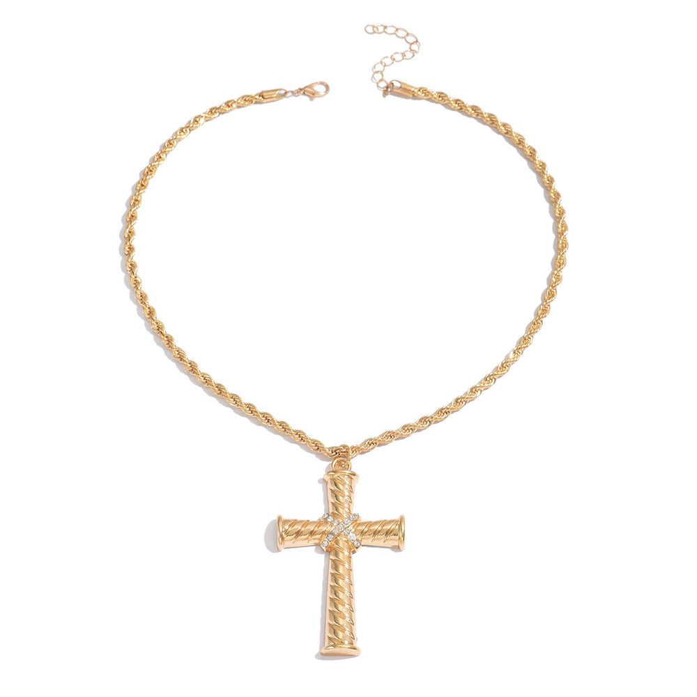 European and american cross-border fashion minimalist ribbed rotating cross necklace, personalized diamond-studded versatile twisted chunky chain choker