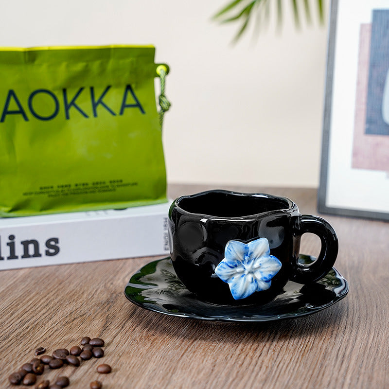 Hand-pinched embossed floral coffee cup and saucer set - home, niche, retro style ceramic milk cup, water cup, unique and high-value design