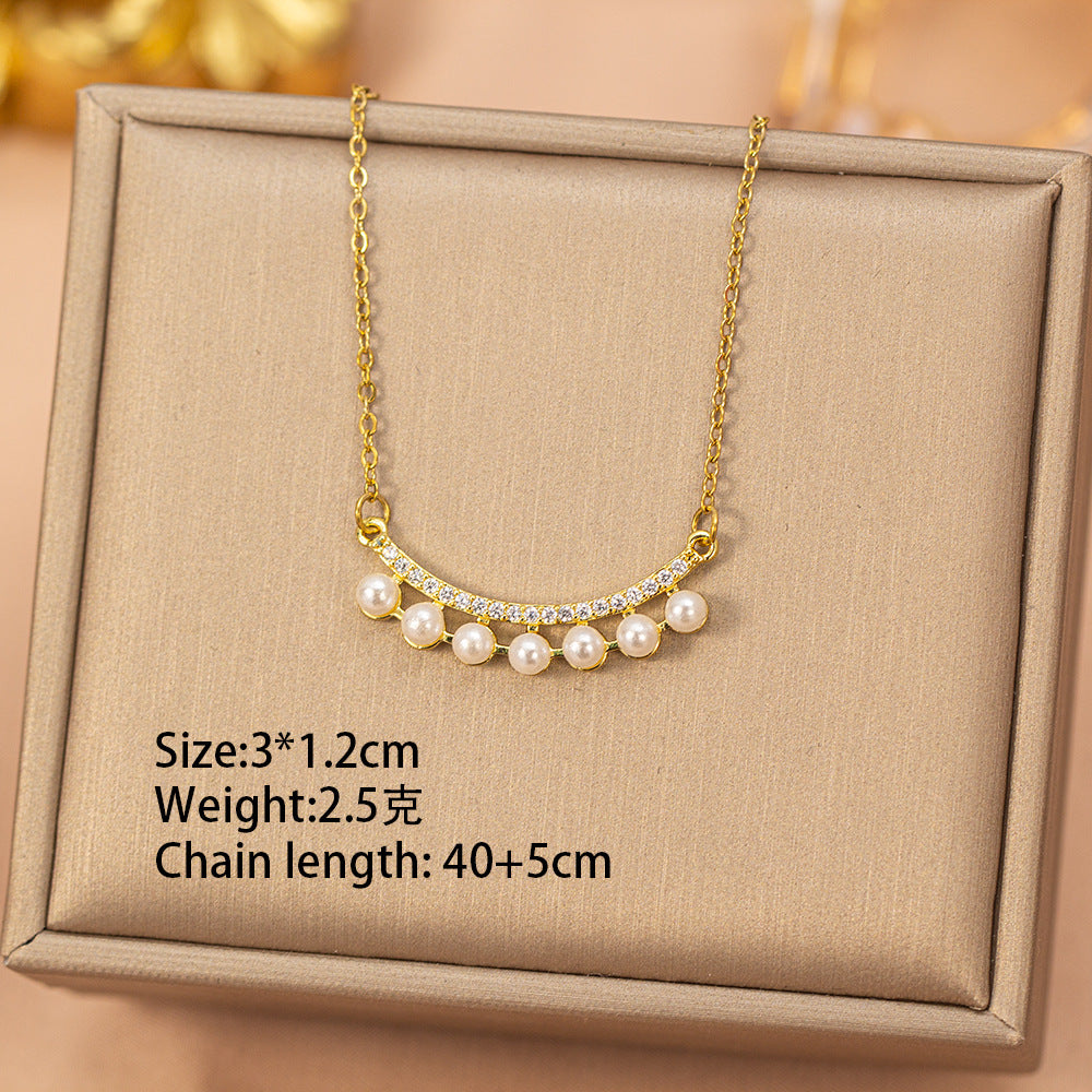 European and american hot-selling fashion zircon pearl necklace for women, lightweight luxury, niche, versatile, elegant, fashionable titanium steel clavicle chain jewelry