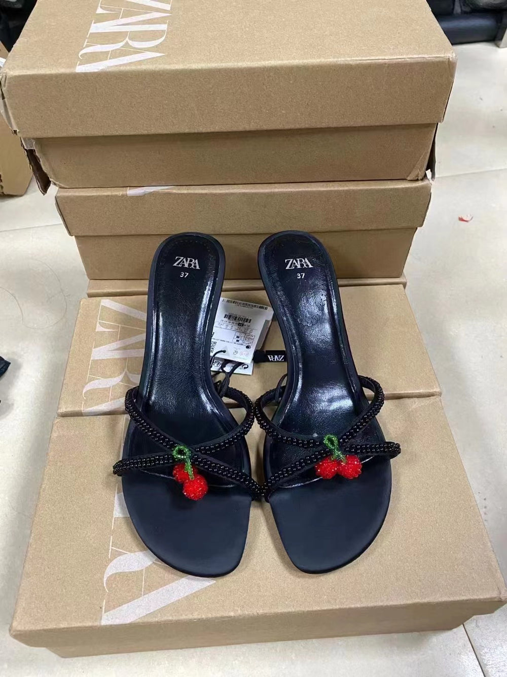Za2024 summer new fashion high heel women's shoes beaded cherry pendant black stiletto open toe slingback pumps